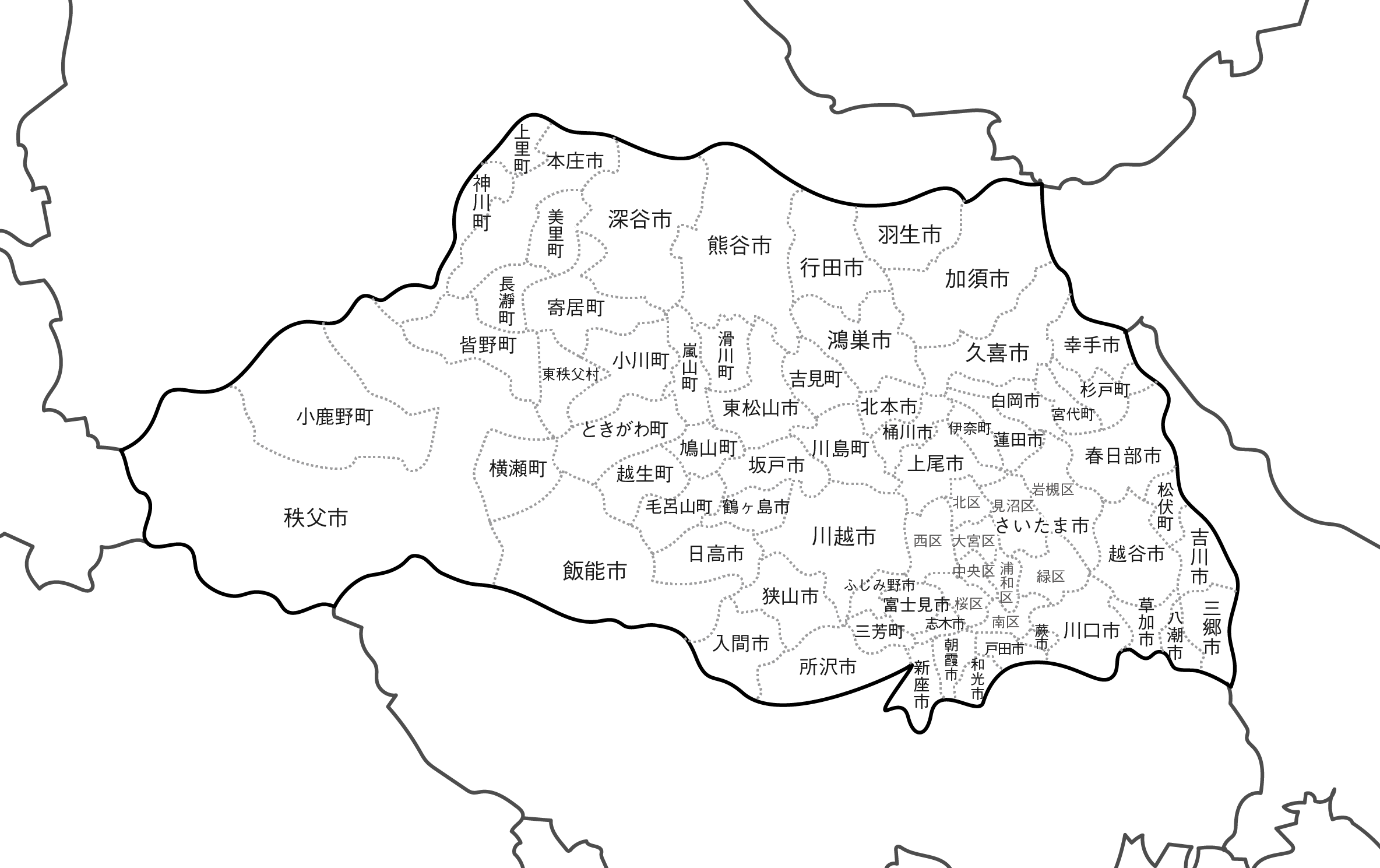 [白地図]埼玉県・ラインあり・市区町村名あり・隣県あり