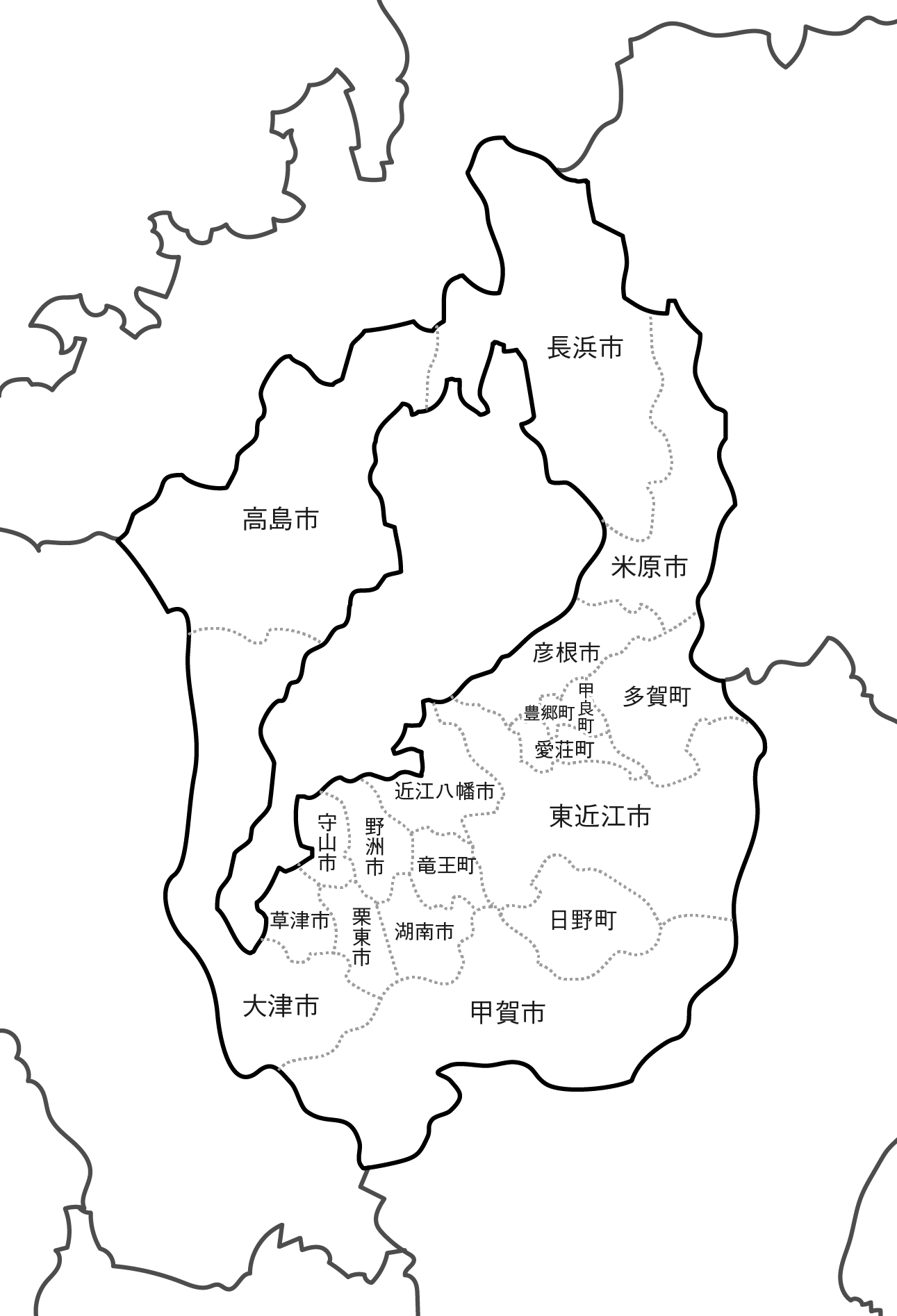 [白地図]滋賀県・ラインあり・市区町村名あり・隣県あり