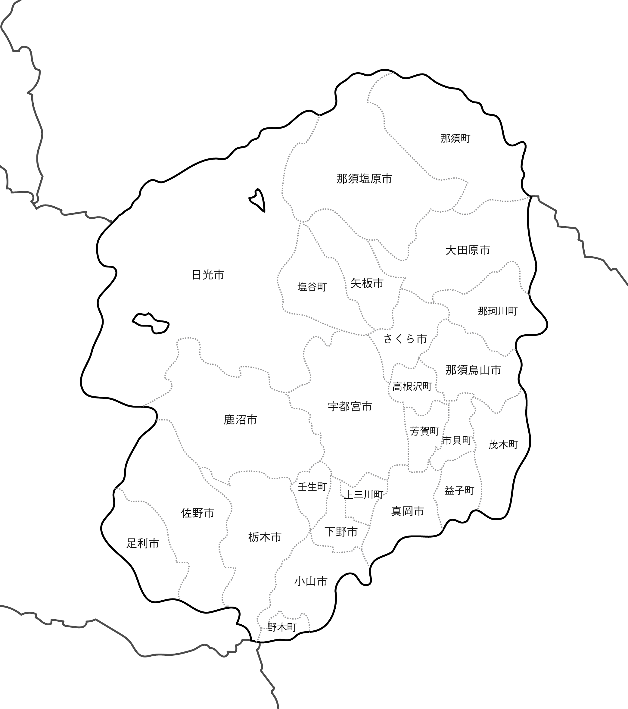 [白地図]栃木県・ラインあり・市区町村名あり・隣県あり