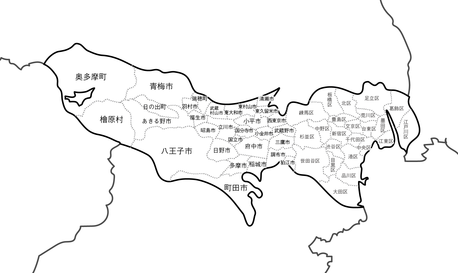 白地図フリーイラスト｜東京都・ラインあり・市区町村名あり・隣県あり