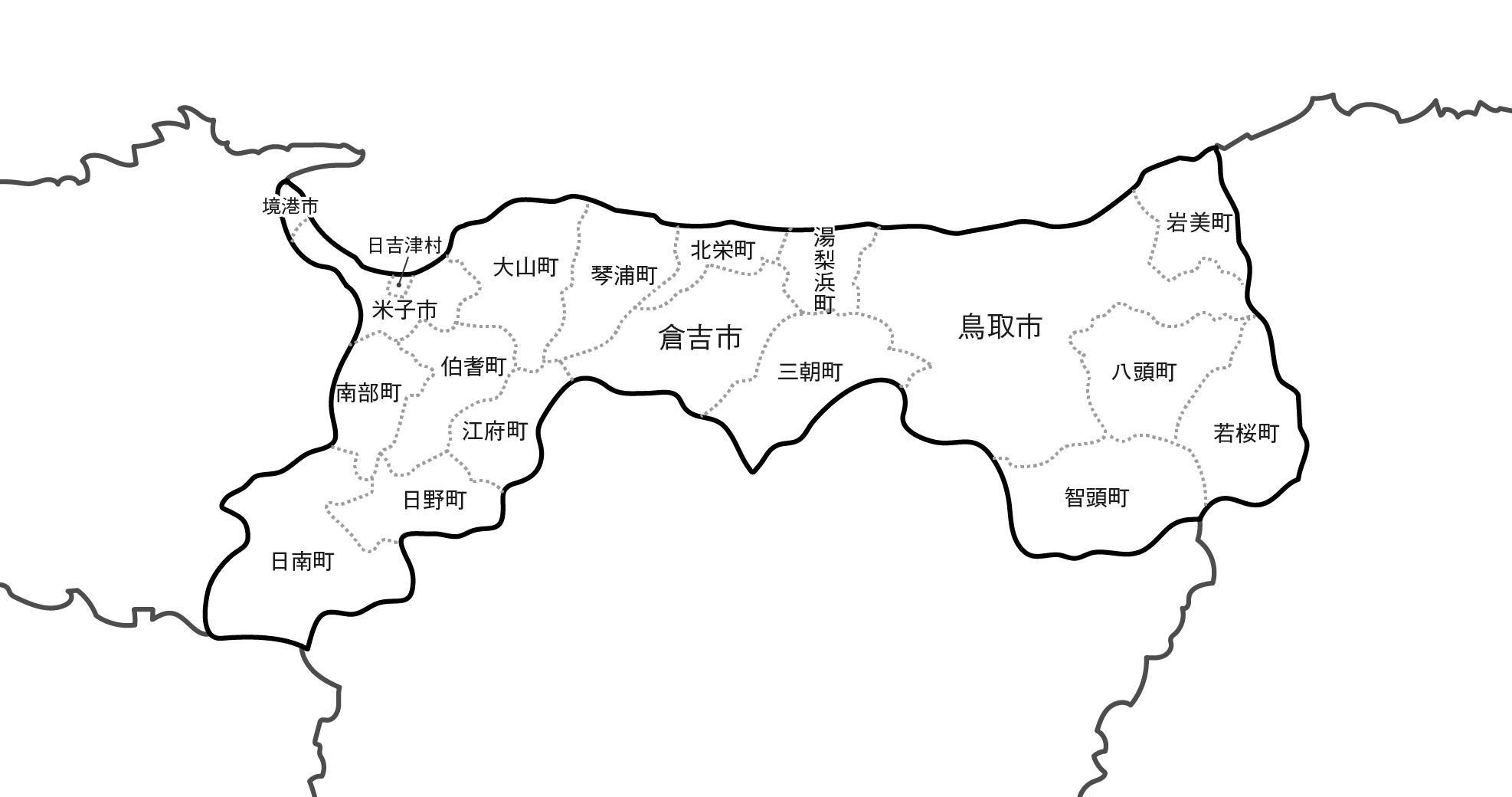 白地図フリーイラスト｜鳥取県・ラインあり・市区町村名あり・隣県あり