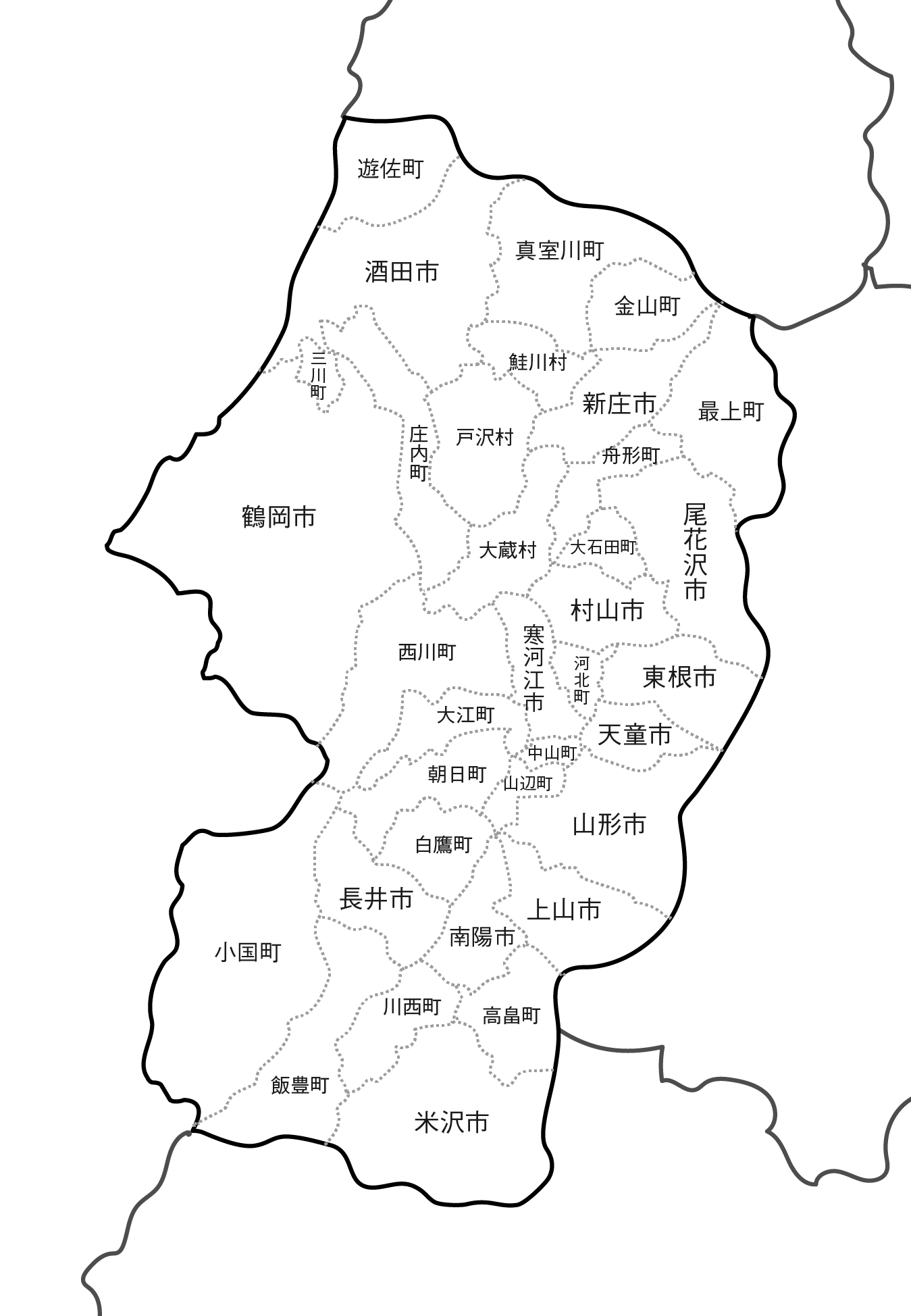 [白地図]山形県・ラインあり・市区町村名あり・隣県あり