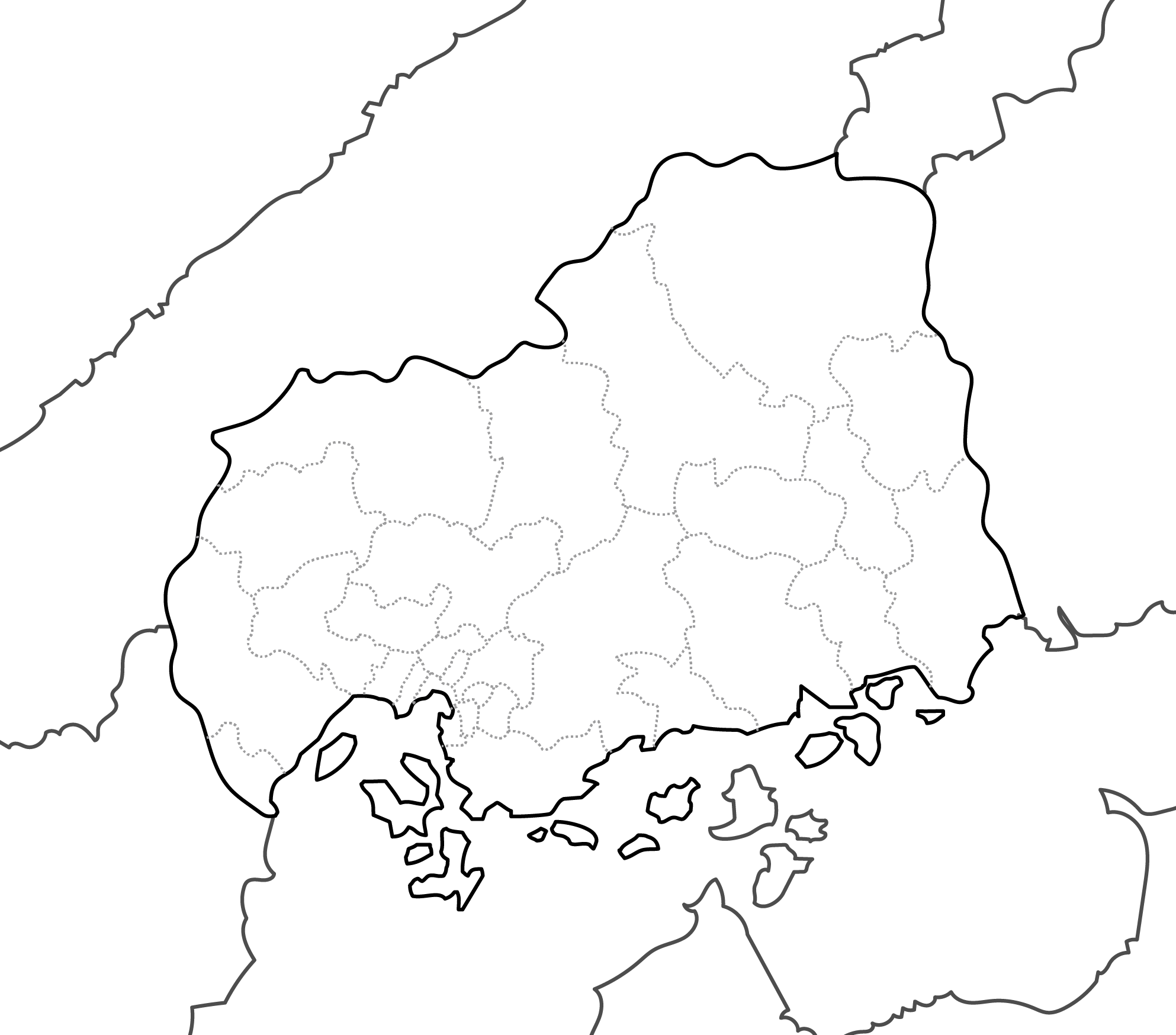 白地図フリーイラスト｜広島県・ラインあり・市区町村名なし・隣県あり