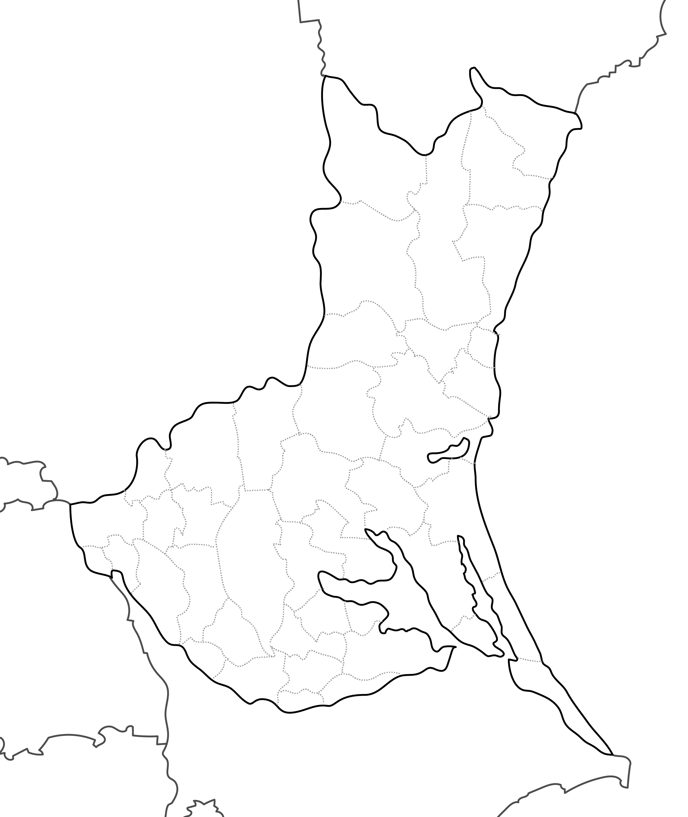 [白地図]茨城県・ラインあり・市区町村名なし・隣県なし
