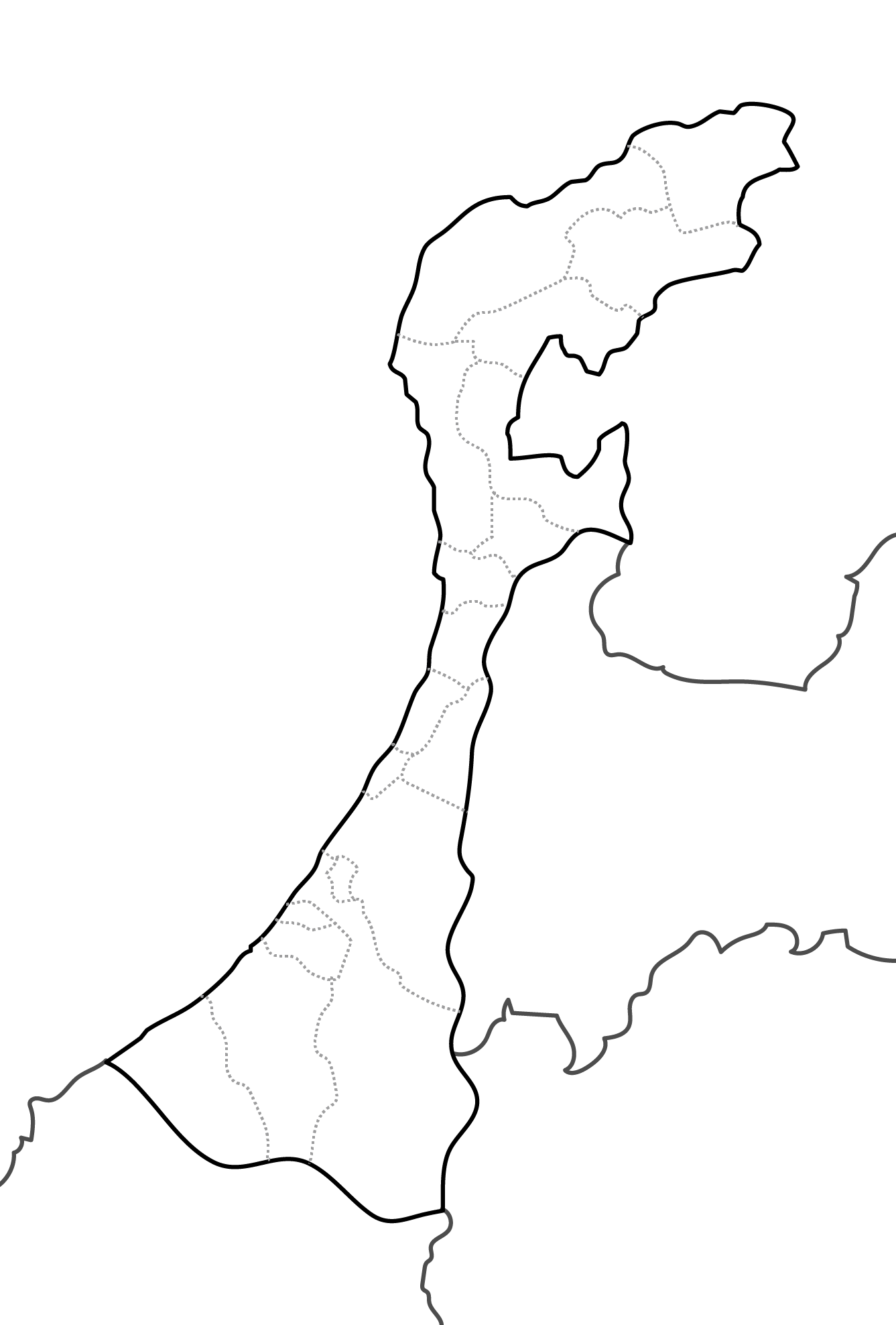 白地図フリーイラスト｜石川県・ラインあり・市区町村名なし・隣県あり