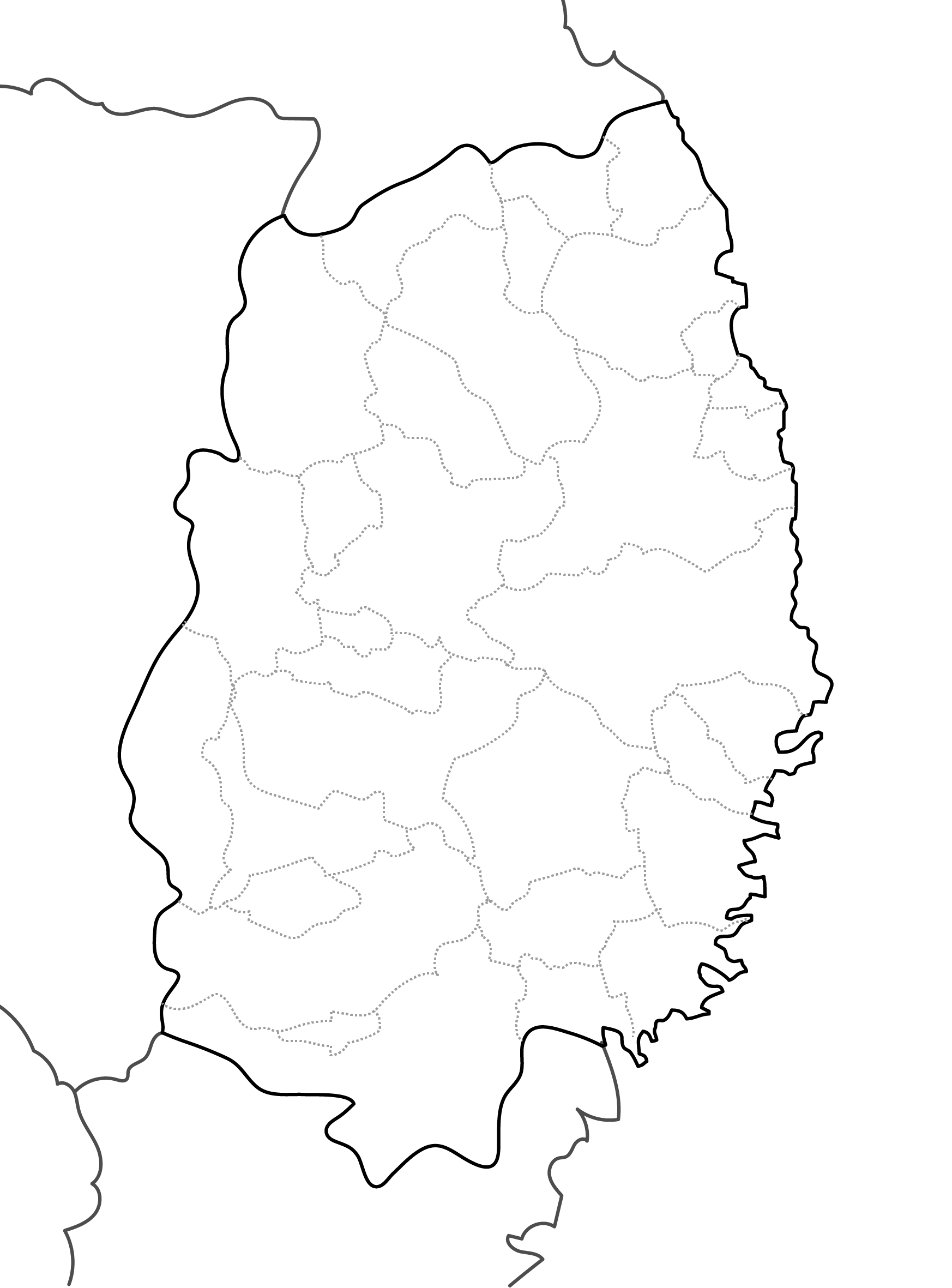 白地図フリーイラスト｜岩手県・ラインあり・市区町村名なし・隣県あり
