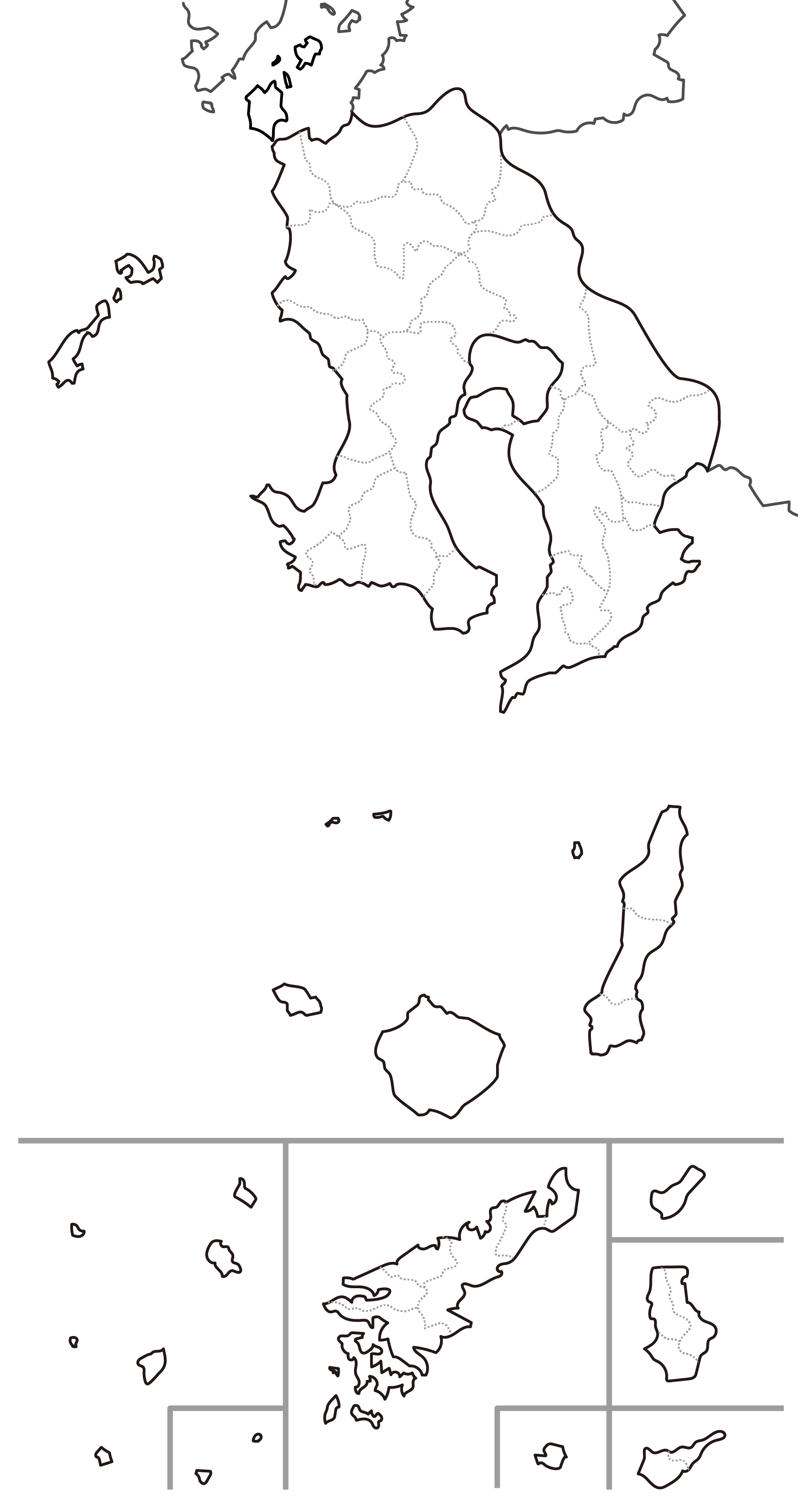 白地図フリーイラスト｜鹿児島県・ラインあり・市区町村名なし・隣県あり