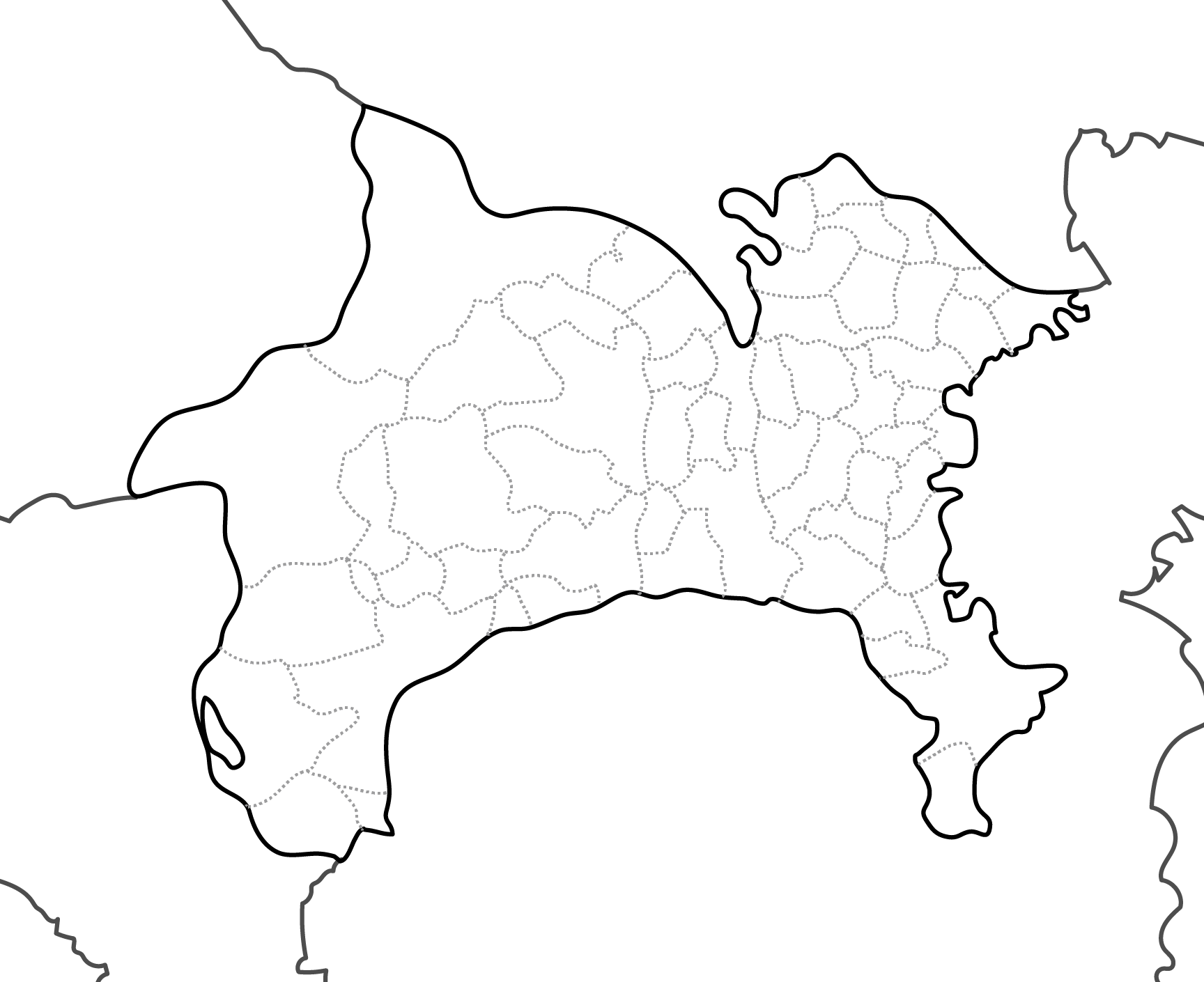 白地図フリーイラスト｜神奈川県・ラインあり・市区町村名なし・隣県あり