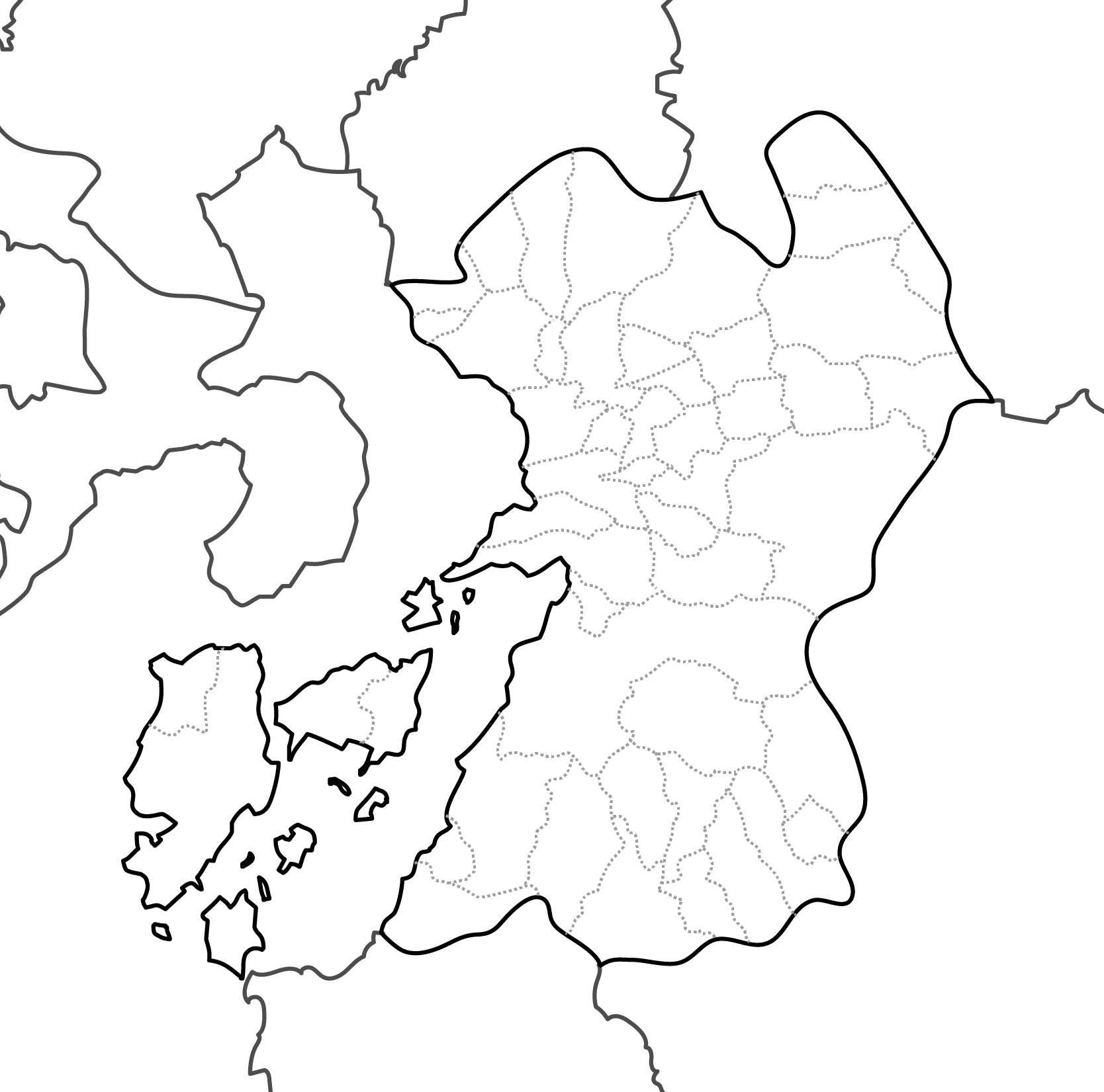 [白地図]熊本県・ラインあり・市区町村名なし・隣県なし