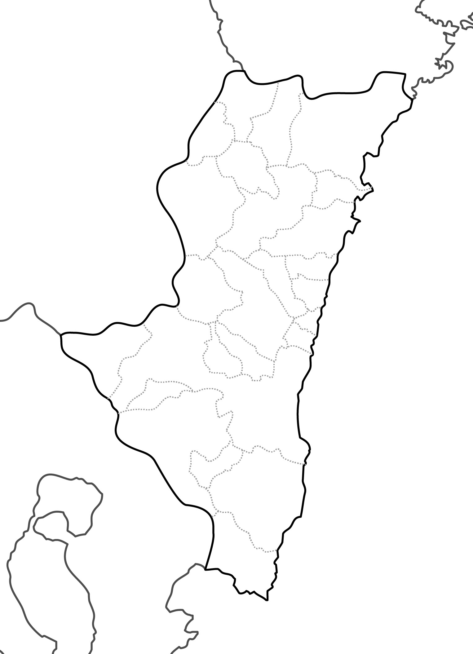 白地図フリーイラスト｜宮崎県・ラインあり・市区町村名なし・隣県あり