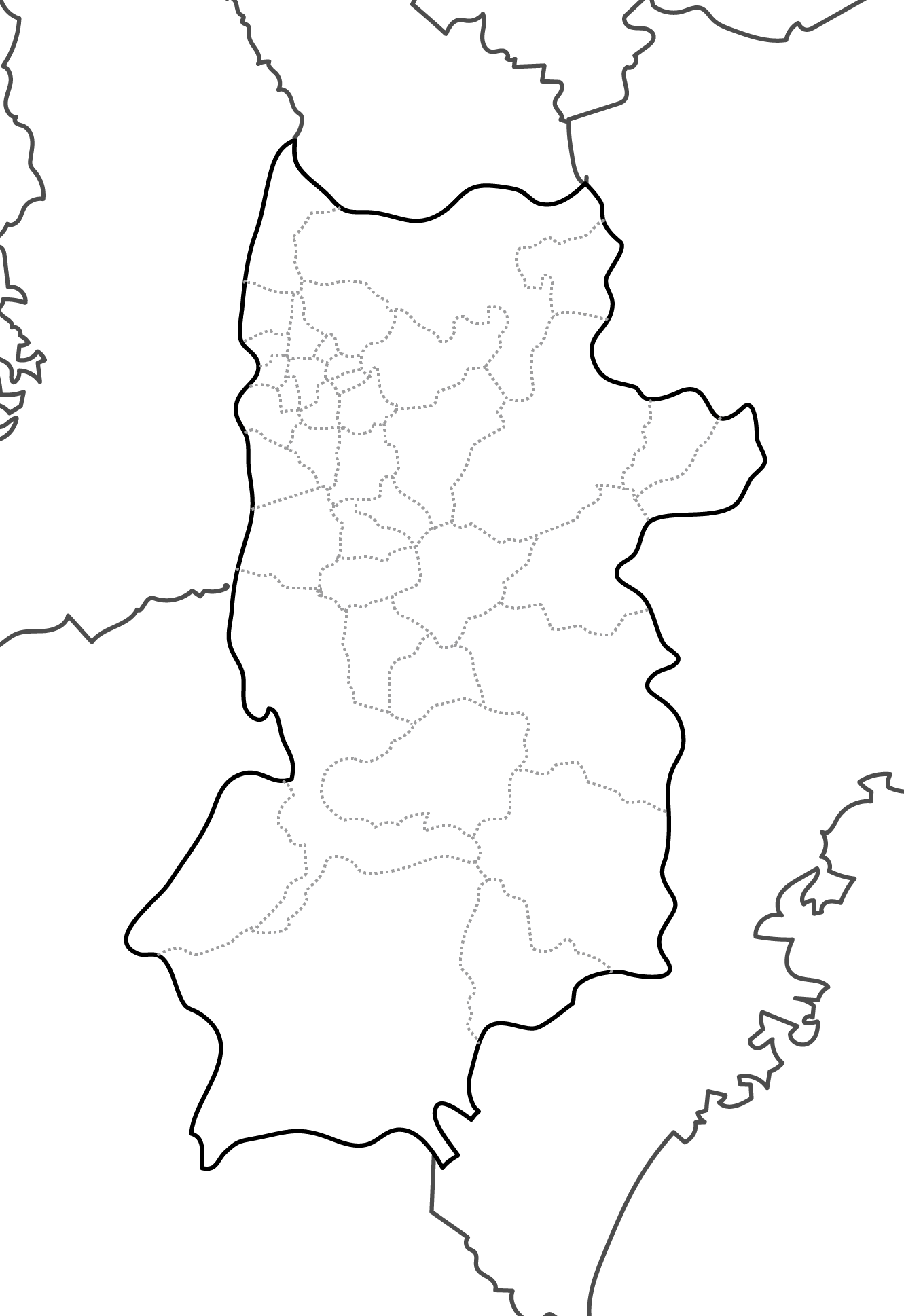 [白地図]奈良県・ラインあり・市区町村名なし・隣県なし