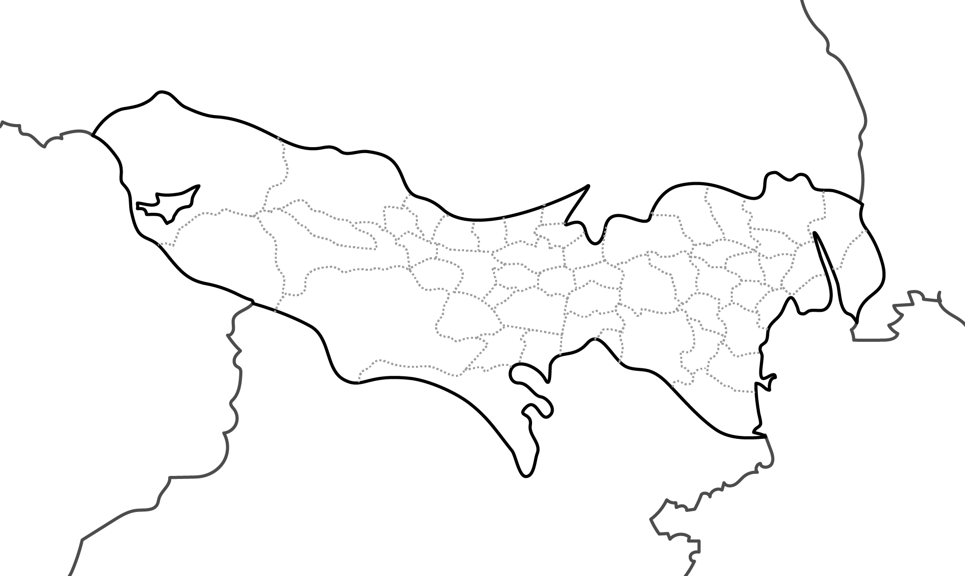 白地図フリーイラスト｜東京都・ラインあり・市区町村名なし・隣県あり