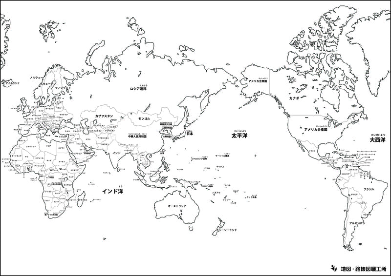 世界地図の白地図(国境線あり・首都名のみ)