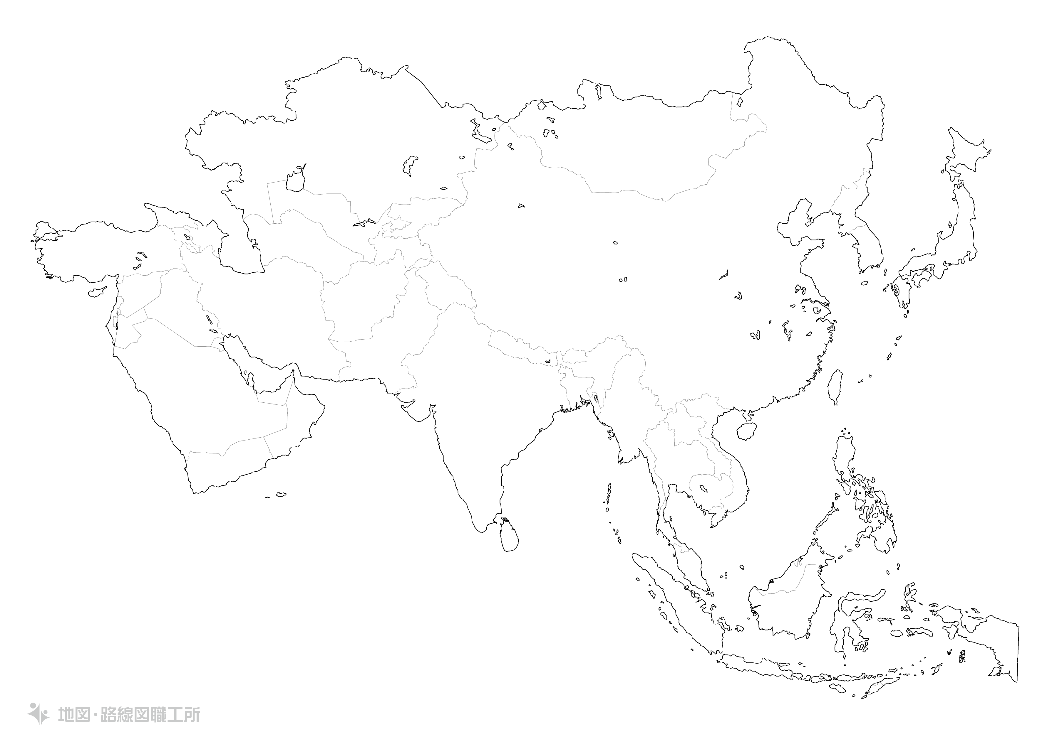 アジア大陸の白地図イラスト 国名入り 首都名入り を無料ダウンロード