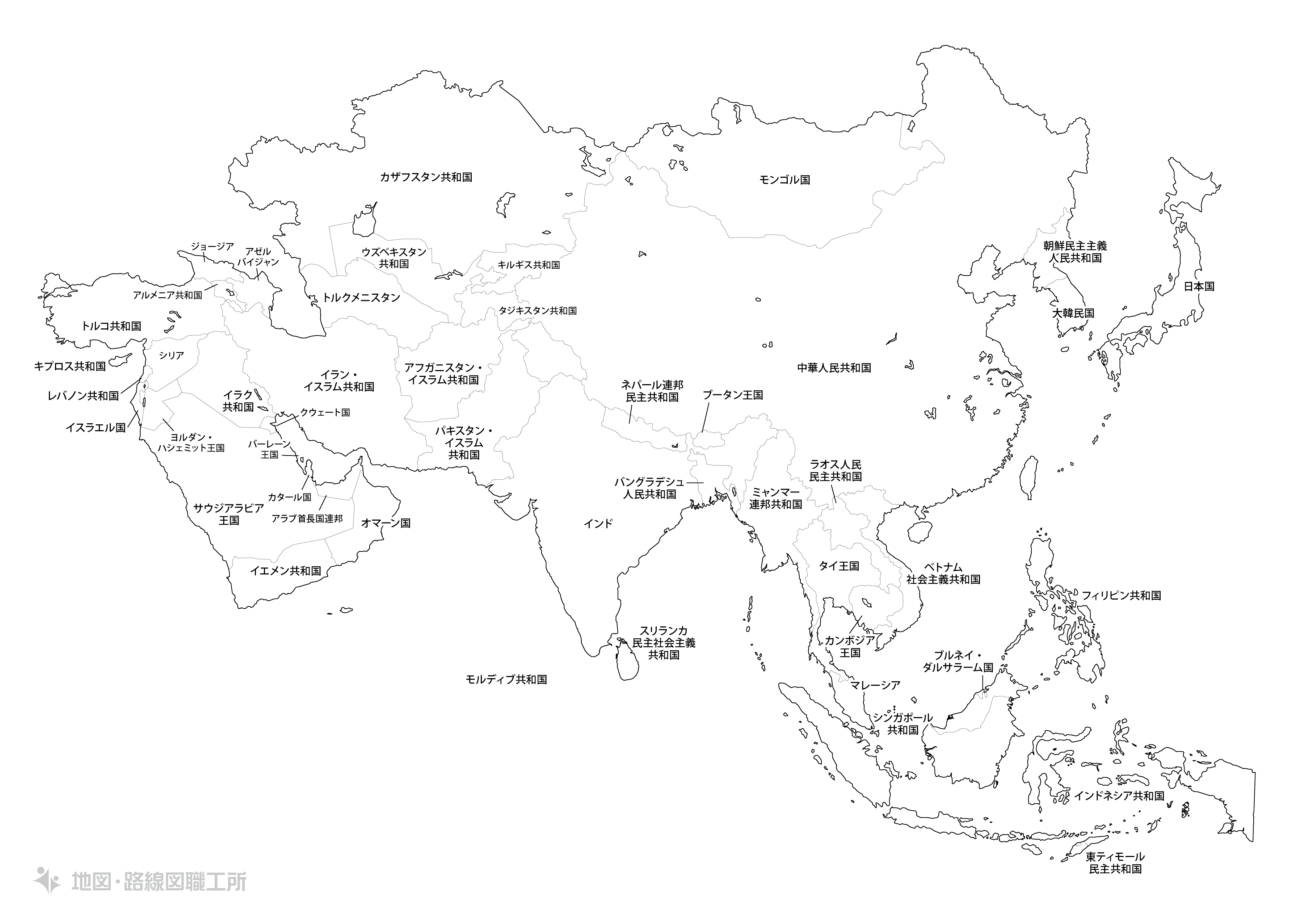 アジア大陸の白地図イラスト 国名入り 首都名入り を無料ダウンロード