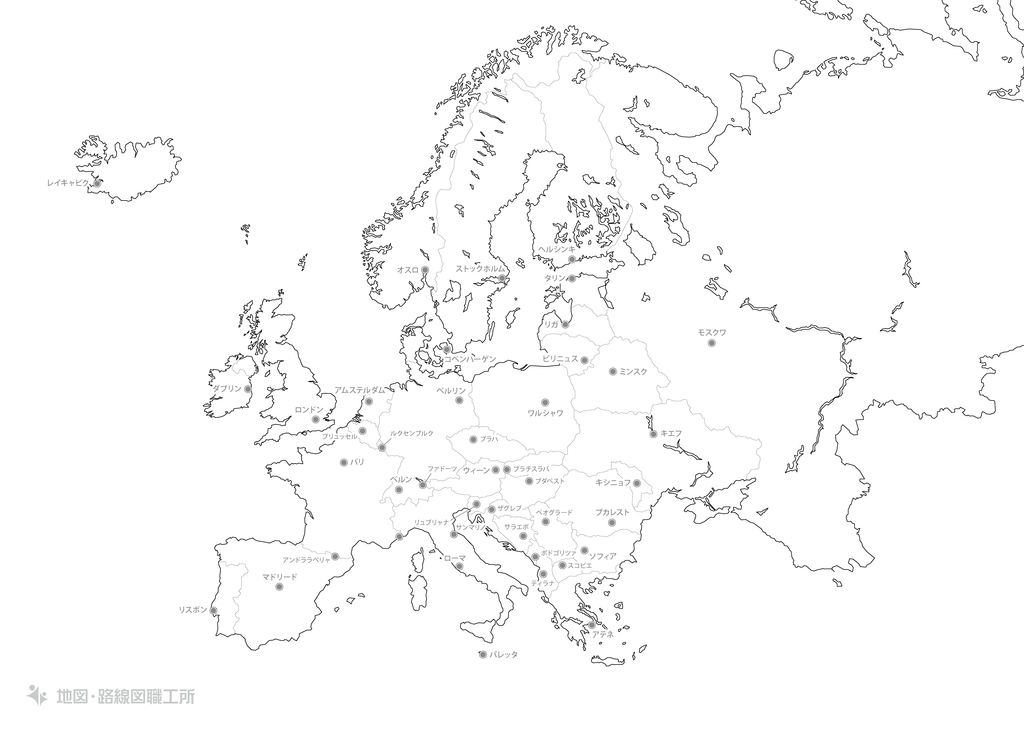 ヨーロッパ大陸の白地図イラスト 国名入り 首都名入り を無料ダウンロード