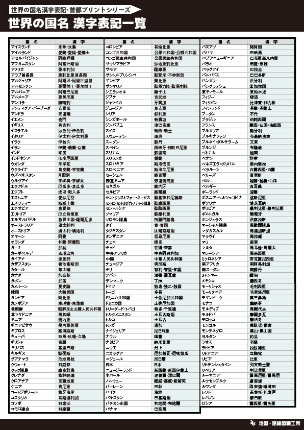 国名の漢字表記一覧プリント