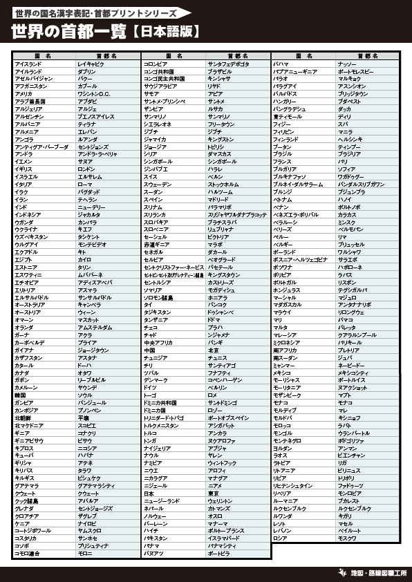 世界の首都一覧プリント 英語スペル付きで読み方もバッチリ