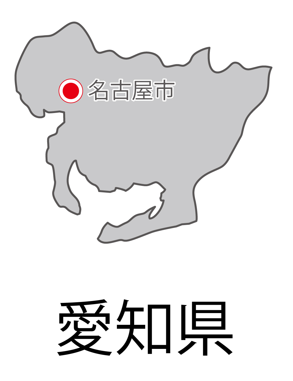 愛知県無料フリーイラスト｜日本語・都道府県名あり・県庁所在地あり(グレー)