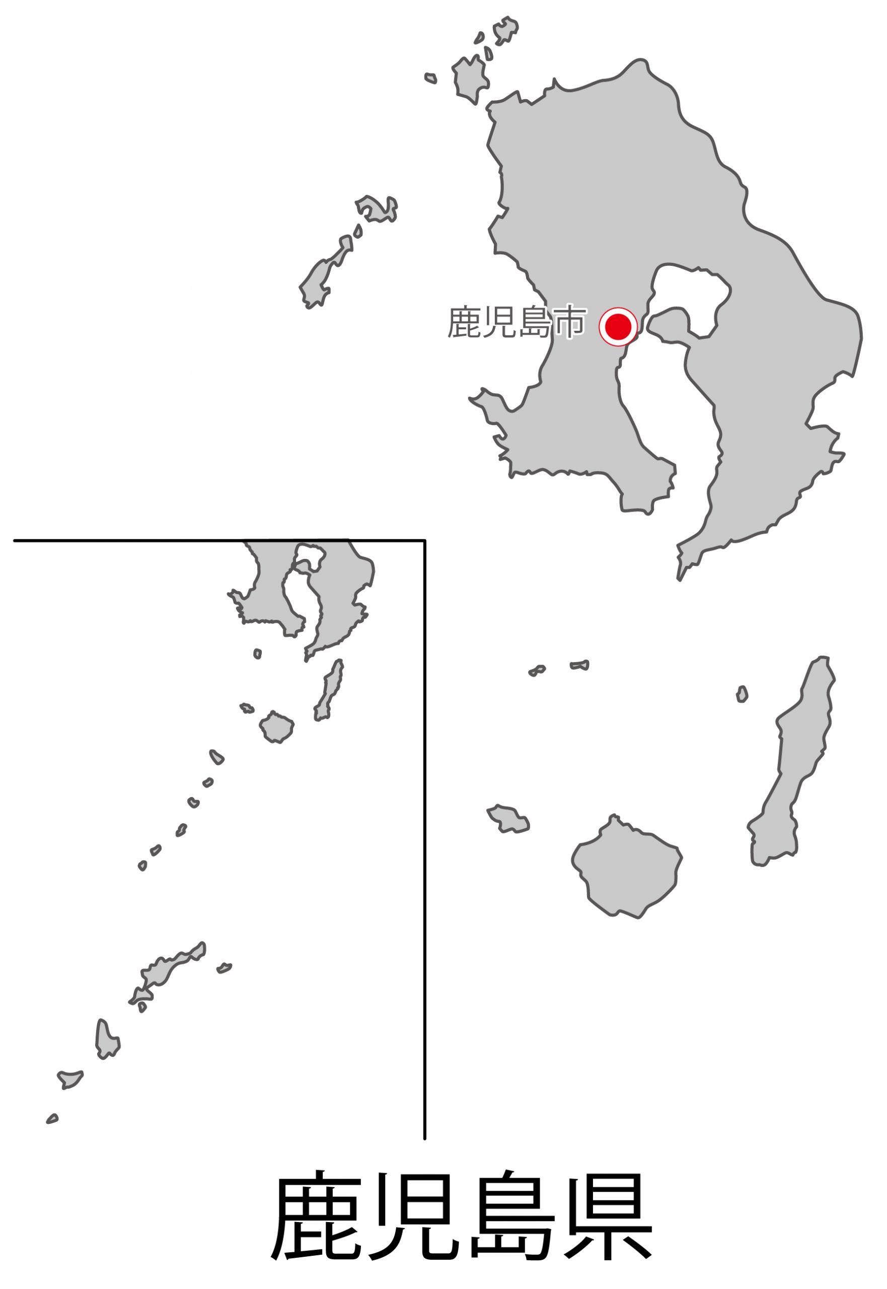 鹿児島県無料フリーイラスト｜日本語・都道府県名あり・県庁所在地あり(グレー)