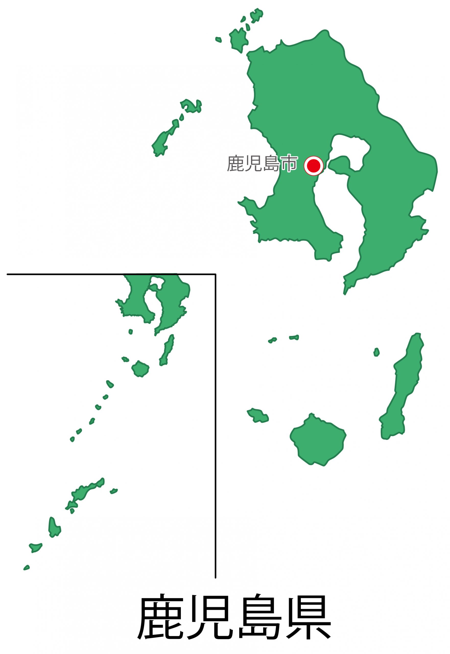 鹿児島県無料フリーイラスト｜日本語・都道府県名あり・県庁所在地あり(緑)