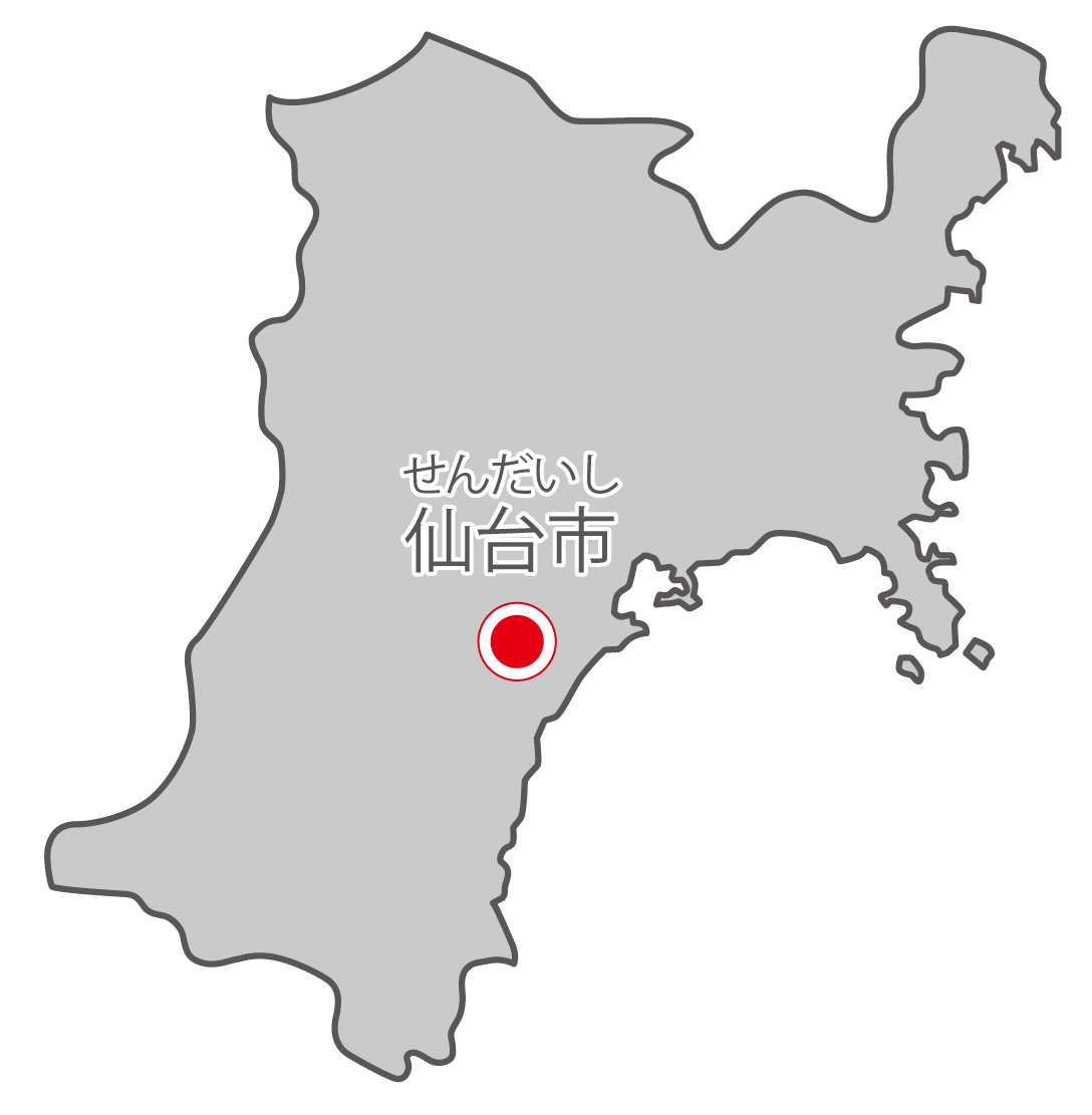 宮城県無料フリーイラスト｜日本語・県庁所在地あり・ルビあり(グレー)