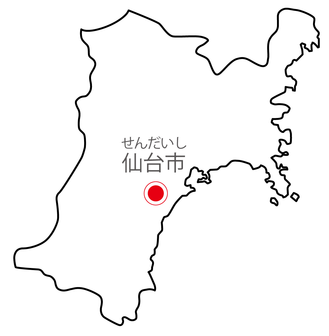 宮城県無料フリーイラスト｜日本語・県庁所在地あり・ルビあり(白)