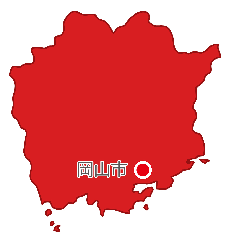 岡山県無料フリーイラスト｜日本語・県庁所在地あり(赤)