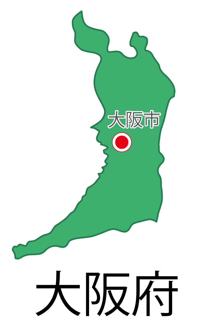 大阪府無料フリーイラスト｜日本語・都道府県名あり・県庁所在地あり(緑)
