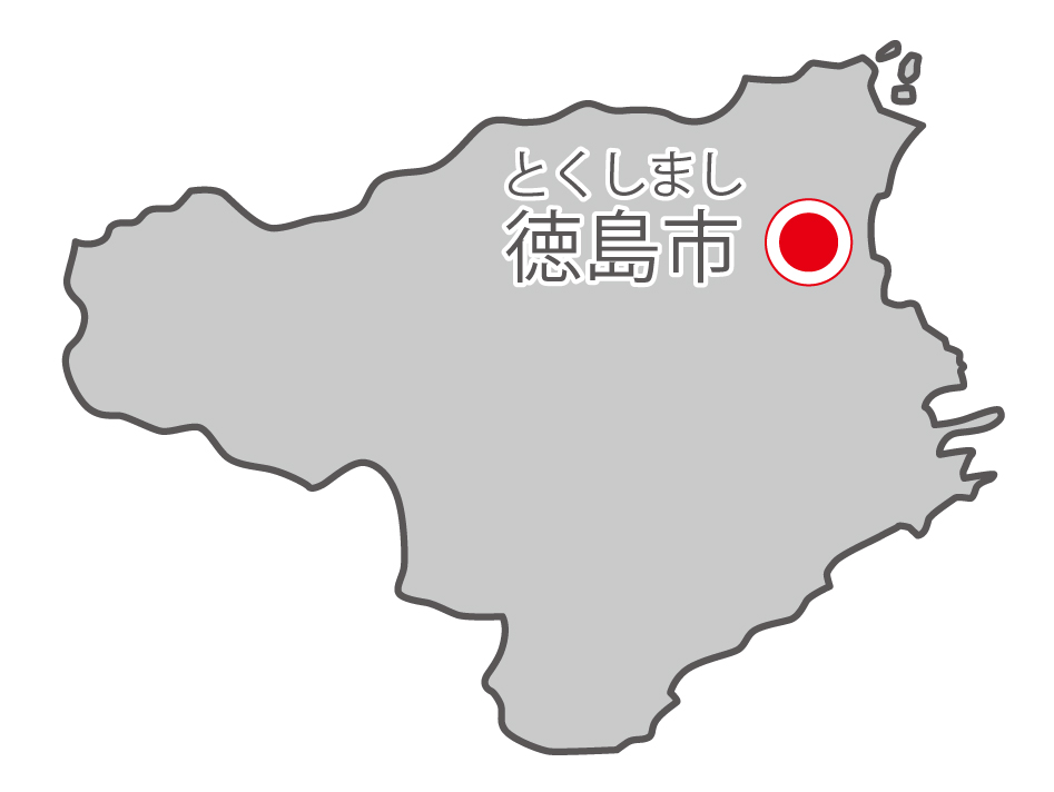 徳島県無料フリーイラスト｜日本語・県庁所在地あり・ルビあり(グレー)