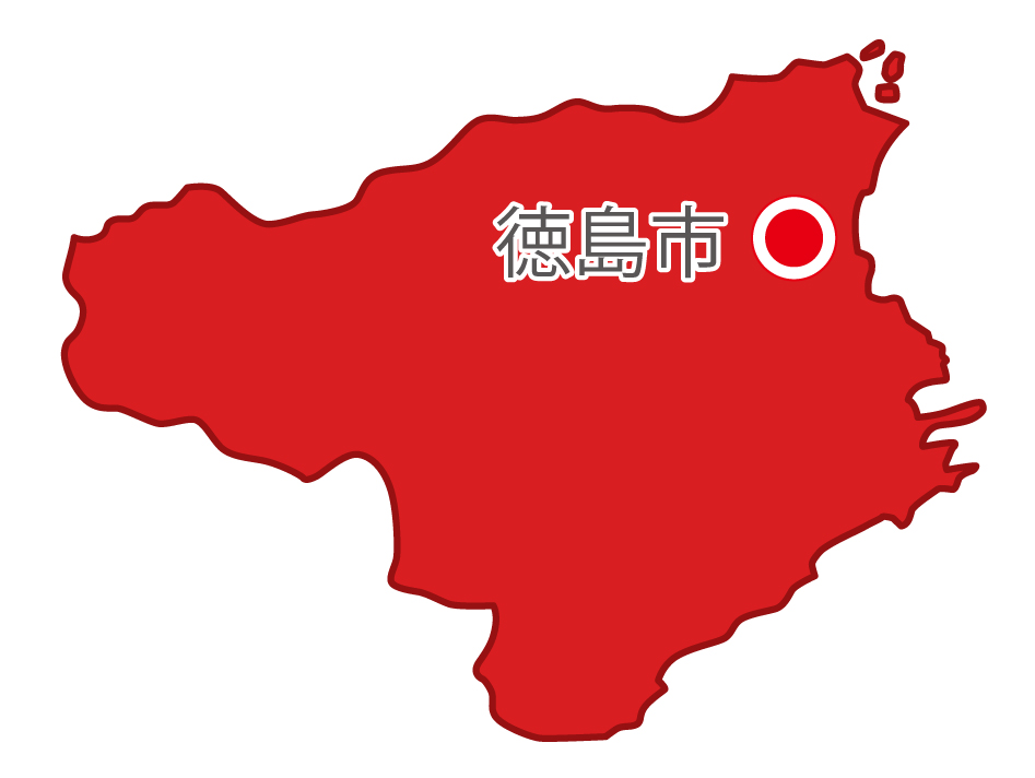 徳島県無料フリーイラスト｜日本語・県庁所在地あり(赤)