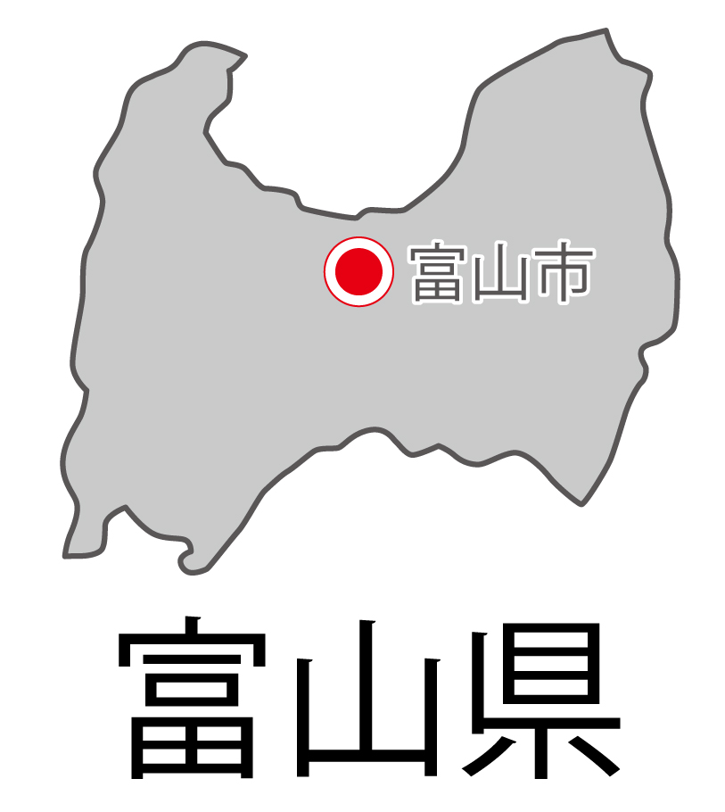 富山県無料フリーイラスト｜日本語・都道府県名あり・県庁所在地あり(グレー)