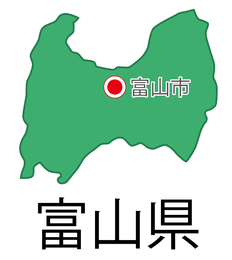 富山県無料フリーイラスト｜日本語・都道府県名あり・県庁所在地あり(緑)