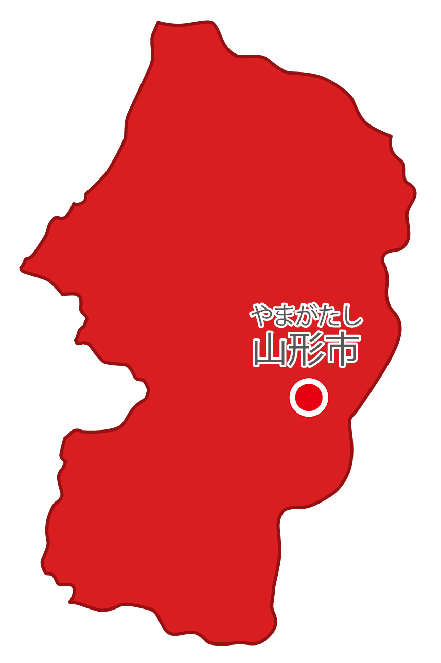 山形県無料フリーイラスト｜日本語・県庁所在地あり・ルビあり(赤)
