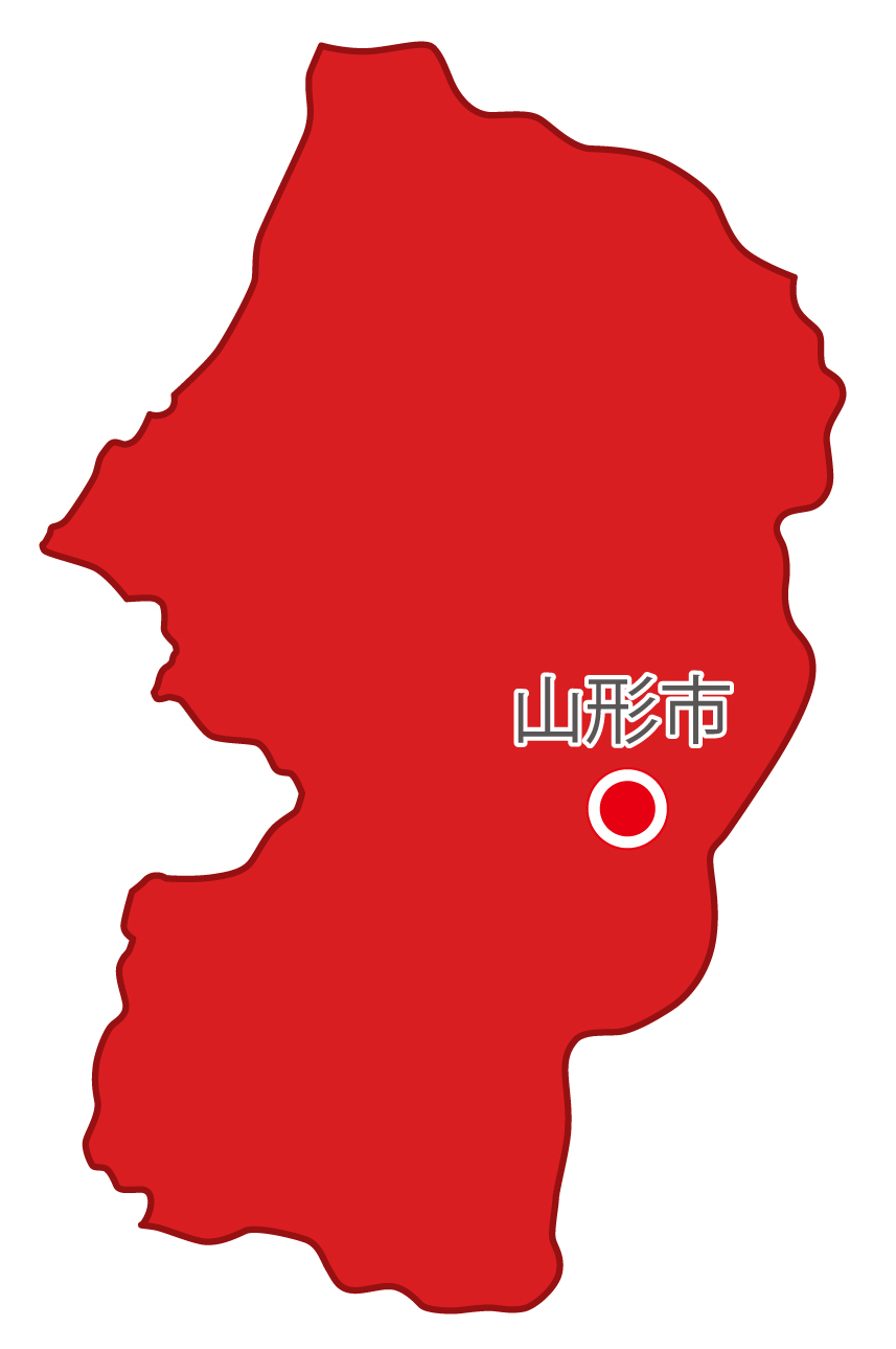 山形県無料フリーイラスト｜日本語・県庁所在地あり(赤)
