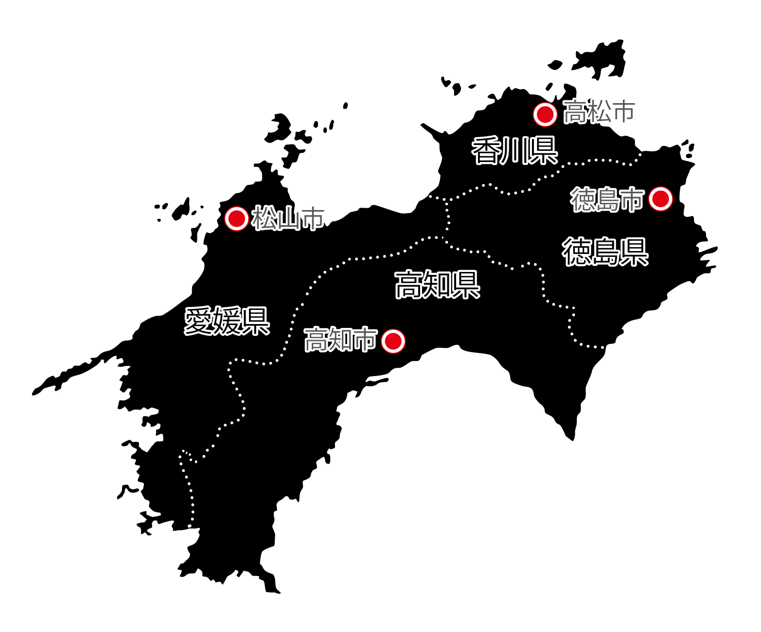 四国地方無料フリーイラスト｜日本語・都道府県名あり・都道府県線あり・県庁所在地あり(黒)