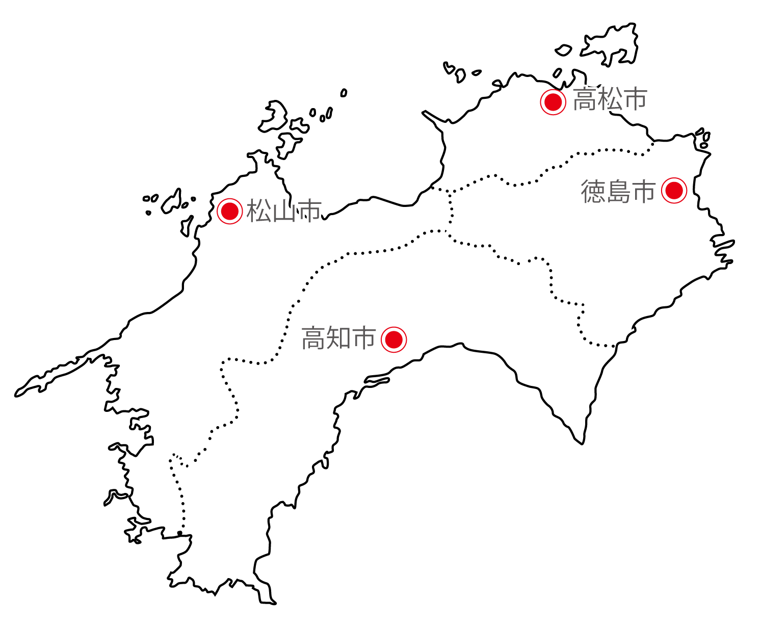 四国地方無料フリーイラスト｜日本語・都道府県線あり・県庁所在地あり(白)