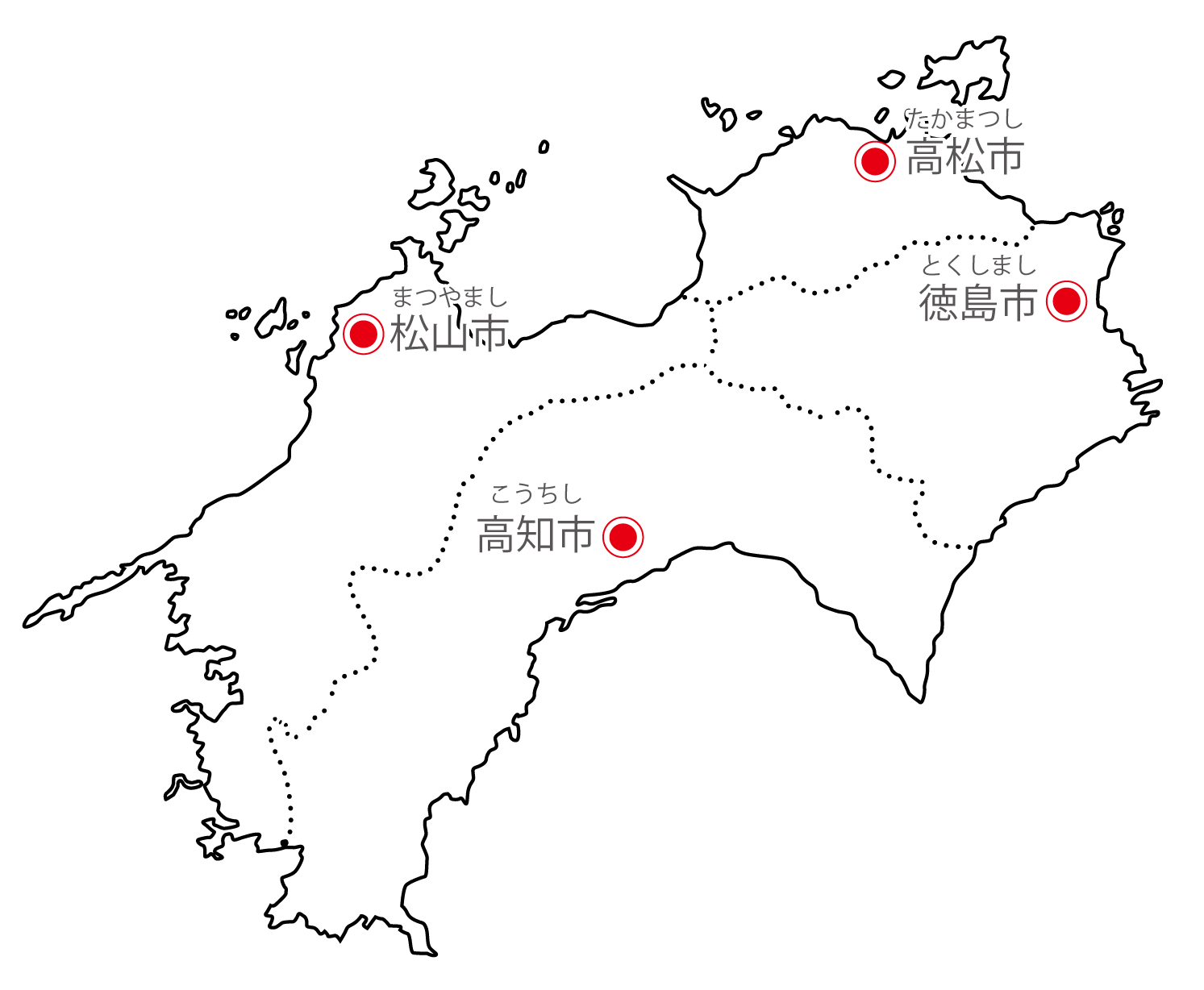 四国地方無料フリーイラスト｜日本語・都道府県線あり・県庁所在地あり・ルビあり(白)