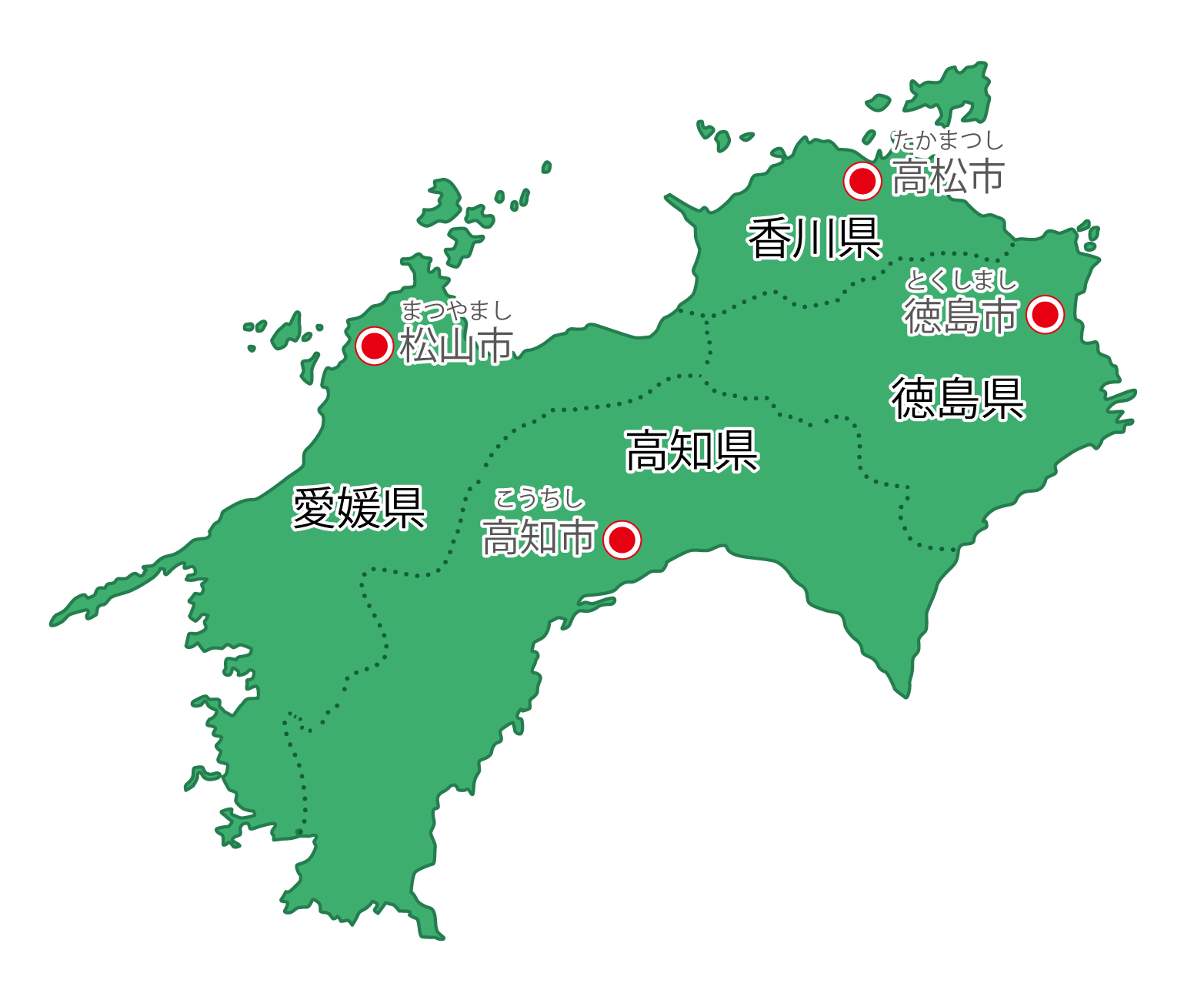 四国地方無料フリーイラスト｜日本語・都道府県名あり・都道府県線あり・県庁所在地あり・ルビあり(緑)