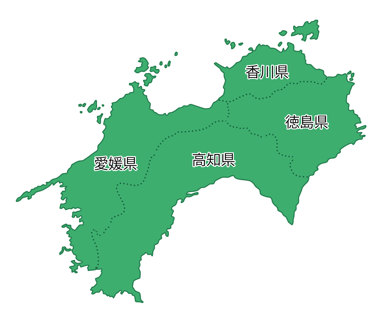 四国地方無料フリーイラスト｜日本語・都道府県名あり・都道府県線あり(緑)