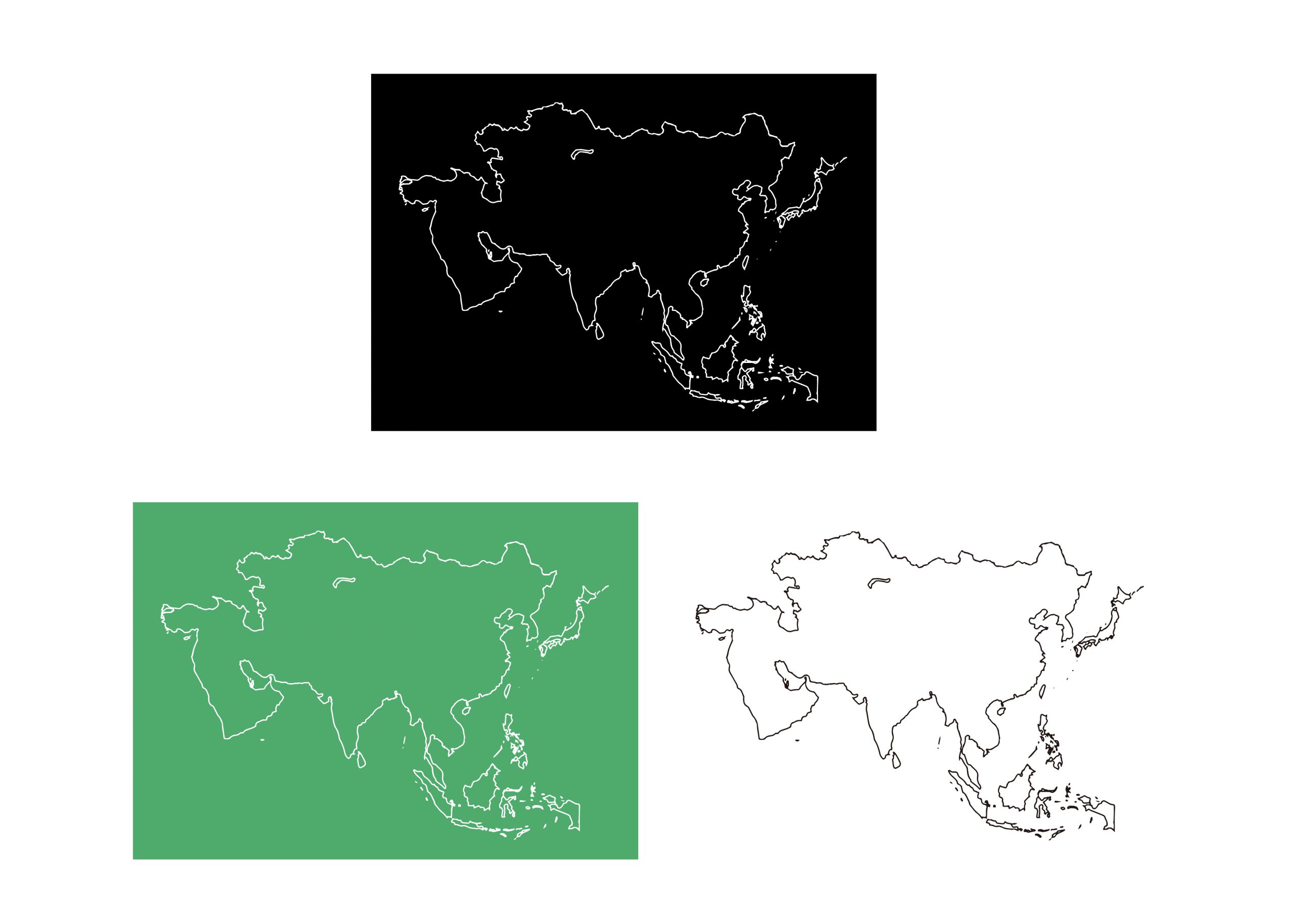 世界地図(アジア)無料フリーイラスト｜線画(3色)