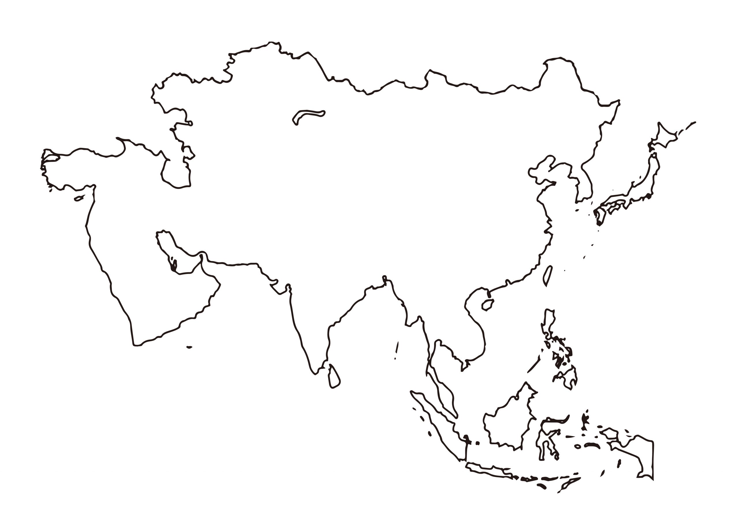 世界地図(アジア)無料フリーイラスト｜線画(白)