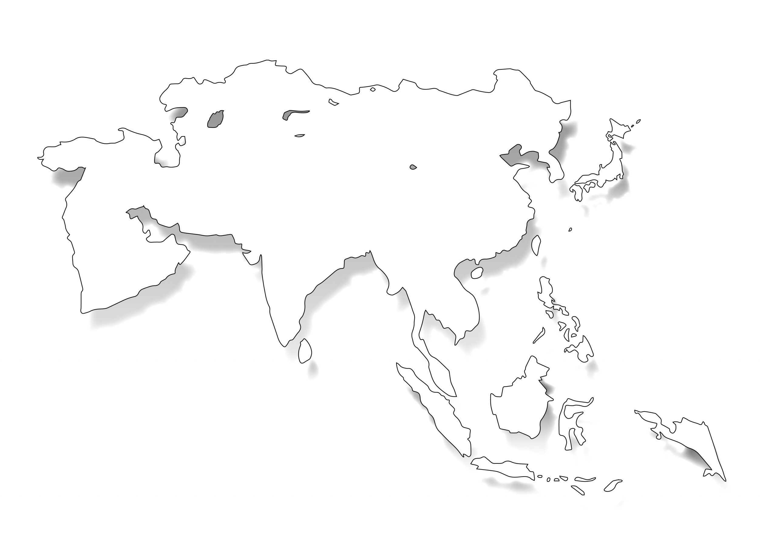 世界地図(アジア)無料フリーイラスト｜シャドウ(白)
