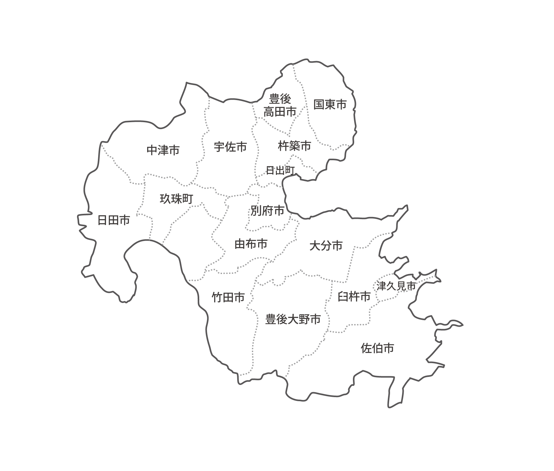 [白地図]大分県・ラインあり・市区町村名あり